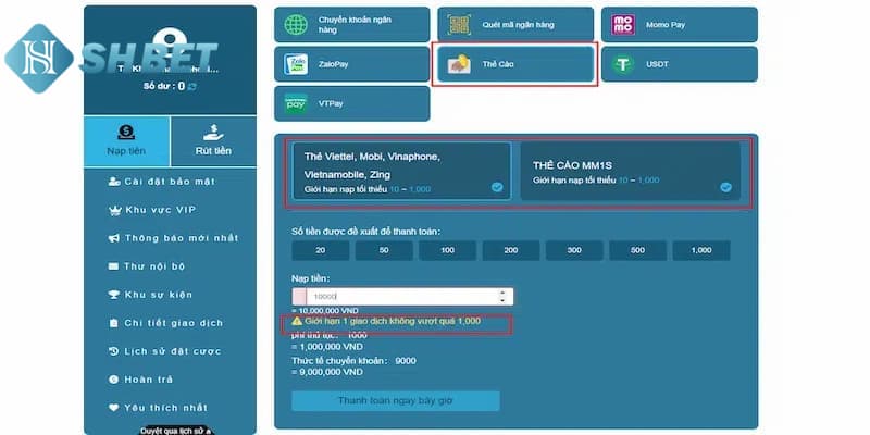Hình thức chuyển vốn SHBET thần tốc thông qua thẻ cào di động